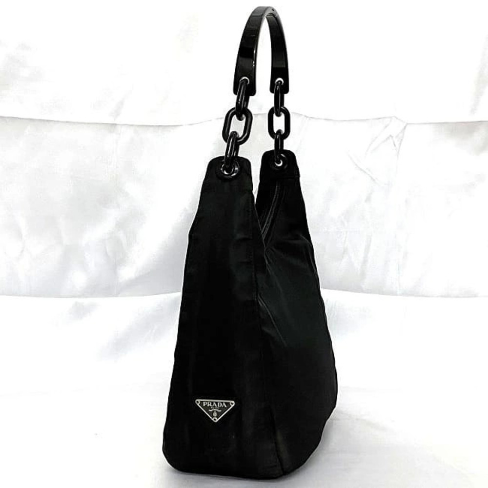 Prada Hobo Zipper Shoulder Bag Leather Tessuto Chain Business Black